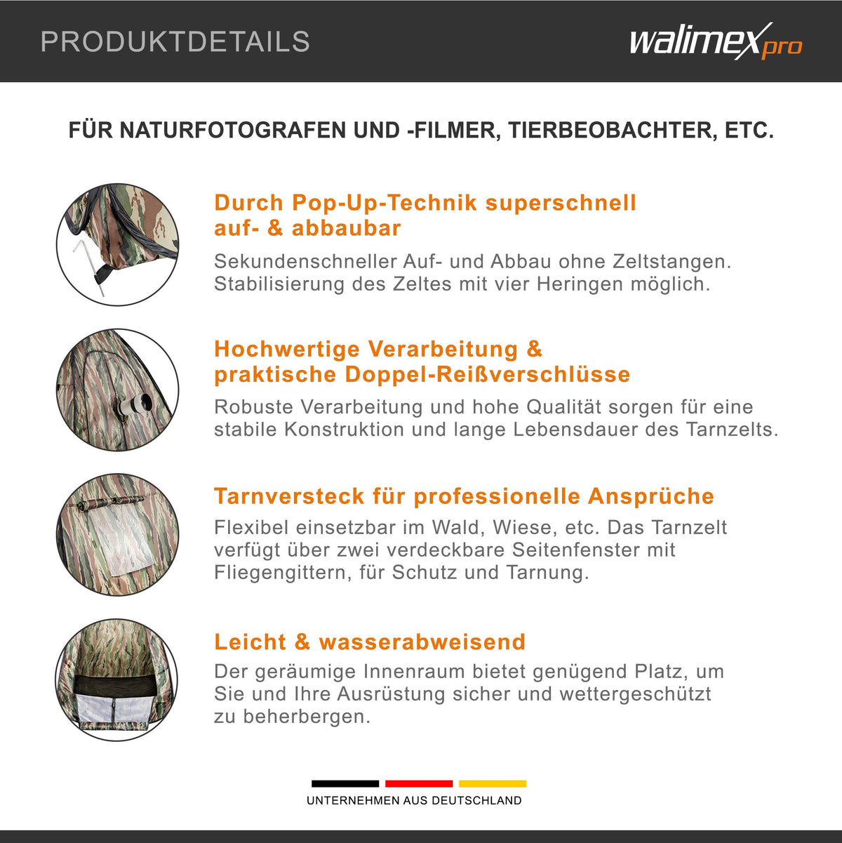Walimex pro Pop-up Camouflage Tarnzelt für Naturfotografie und Tierbeobachtung – 1100 x 1100 x 1400 mm – Schnell auf- und abbaubar, mit Seitenfenstern inkl. Transporttasche