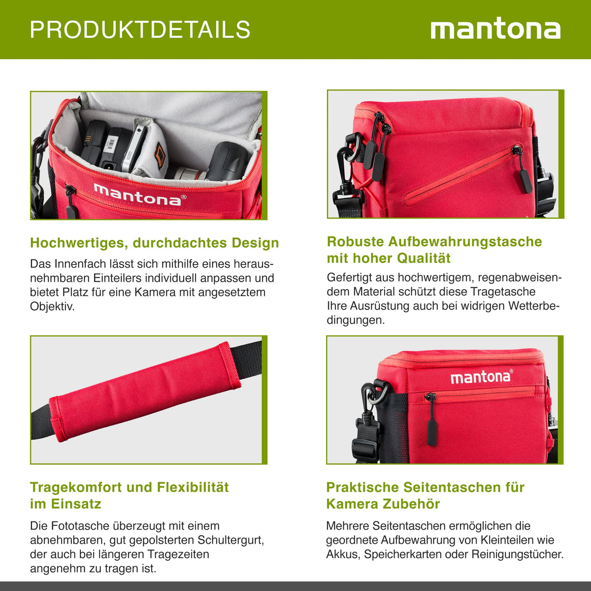 Mantona Irit Kameratasche, hochwertige Fototasche für Systemkameras, Umhängetasche für Kamera und Zubehör, Tragetasche mit variabler Inneneinteilung und Seitenfächer