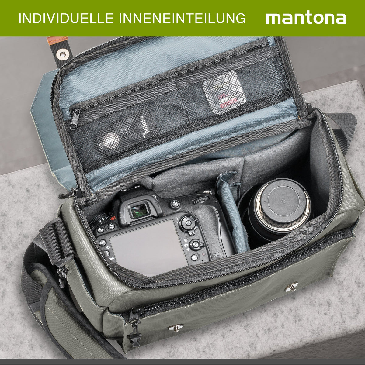 Mantona Kameratasche Milano grande (modische Universaltasche für Digital-Spiegelreflex-Kameras und Systemkameras plus Zubehör, Vintage, graues Interieur) grau 21648