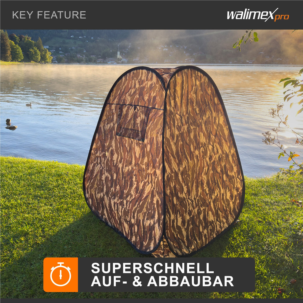 Walimex pro Pop-up Camouflage Tarnzelt für Naturfotografie und Tierbeobachtung – 1100 x 1100 x 1400 mm – Schnell auf- und abbaubar, mit Seitenfenstern inkl. Transporttasche