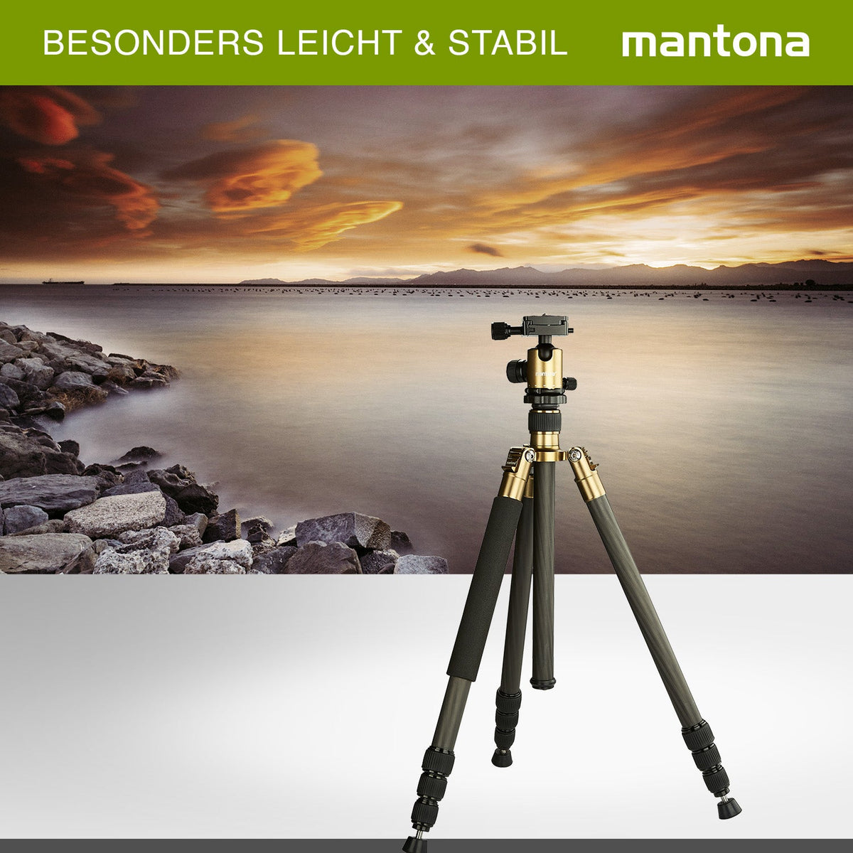 Mantona Titanium Carbon Stativ inkl. Kugelkopf und Stativtasche, Kamerastativ bis 170 cm, Fotostativ 180° Rotation für Makroaufnahmen, Dreibeinstativ mit Arca Swiss kompatiblem Schnellwechselsystem