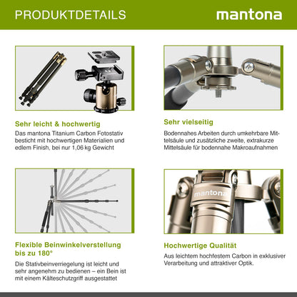 Mantona Titanium Carbon Stativ inkl. Kugelkopf und Stativtasche, Kamerastativ bis 170 cm, Fotostativ 180° Rotation für Makroaufnahmen, Dreibeinstativ mit Arca Swiss kompatiblem Schnellwechselsystem