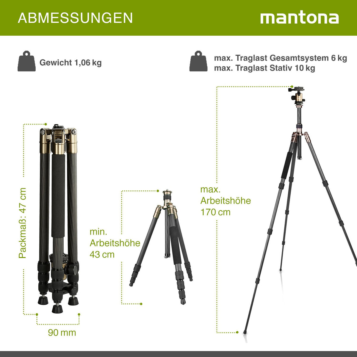 Mantona Titanium Carbon Stativ inkl. Kugelkopf und Stativtasche, Kamerastativ bis 170 cm, Fotostativ 180° Rotation für Makroaufnahmen, Dreibeinstativ mit Arca Swiss kompatiblem Schnellwechselsystem