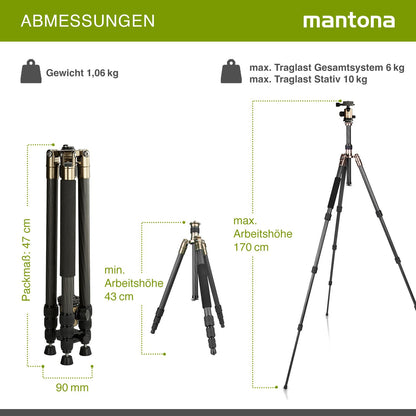 Mantona Titanium Carbon Stativ inkl. Kugelkopf und Stativtasche, Kamerastativ bis 170 cm, Fotostativ 180° Rotation für Makroaufnahmen, Dreibeinstativ mit Arca Swiss kompatiblem Schnellwechselsystem