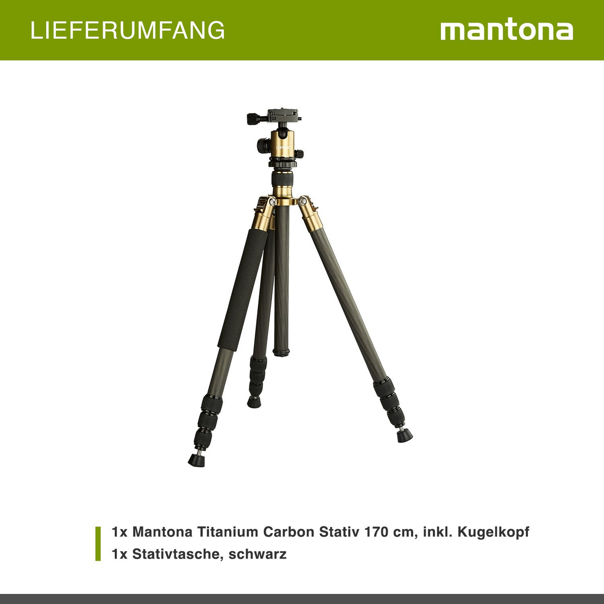 Mantona Titanium Carbon Stativ inkl. Kugelkopf und Stativtasche, Kamerastativ bis 170 cm, Fotostativ 180° Rotation für Makroaufnahmen, Dreibeinstativ mit Arca Swiss kompatiblem Schnellwechselsystem