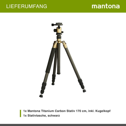 Mantona Titanium Carbon Stativ inkl. Kugelkopf und Stativtasche, Kamerastativ bis 170 cm, Fotostativ 180° Rotation für Makroaufnahmen, Dreibeinstativ mit Arca Swiss kompatiblem Schnellwechselsystem