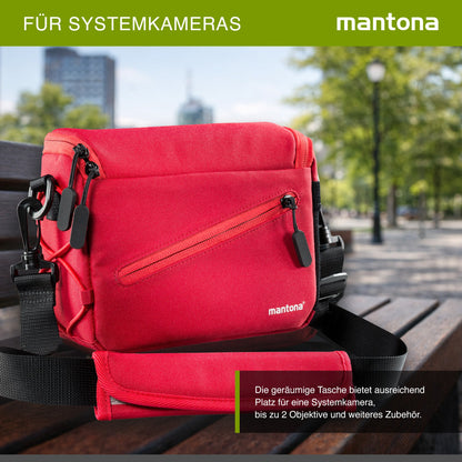 Mantona Irit Kameratasche, hochwertige Fototasche für Systemkameras, Umhängetasche für Kamera und Zubehör, Tragetasche mit variabler Inneneinteilung und Seitenfächer