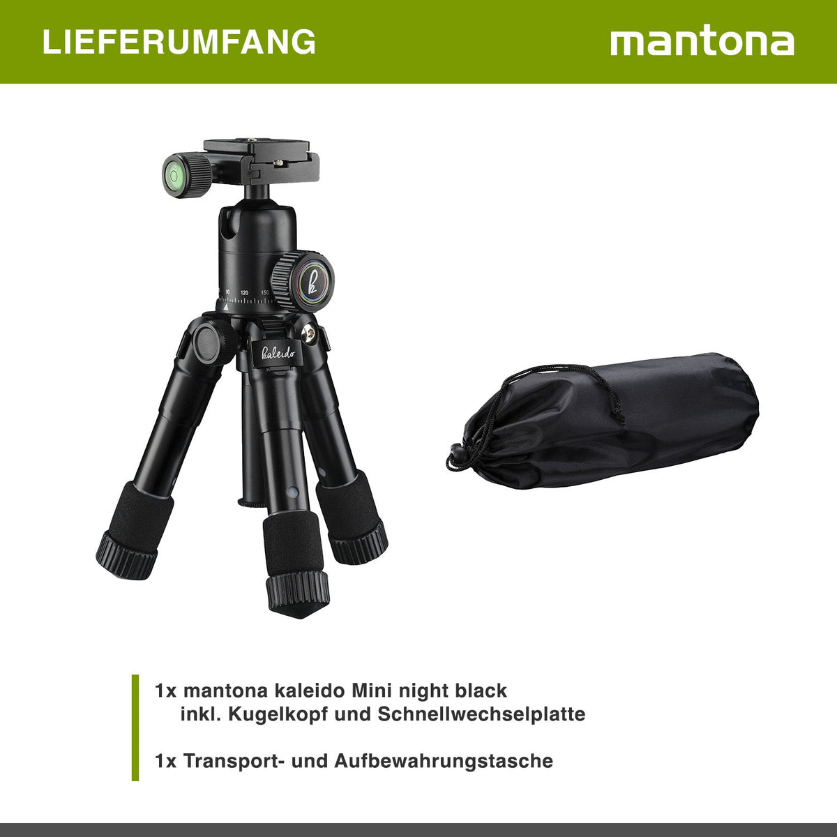 Mantona Kaleido Mini Tischstativ in night black Reisestativ inkl. Kugelkopf mit Schnellwechselplatte und Transporttasche