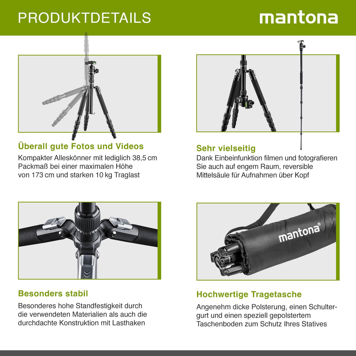 Mantona DSLM Travel Evolution Max 2552-RA Reisestativ 173 cm 10 kg Traglast mit Kugelkopf Arca-Swiss Einbeinfunktion