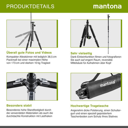 Mantona DSLM Travel Evolution Max 2552-RA Reisestativ 173 cm 10 kg Traglast mit Kugelkopf Arca-Swiss Einbeinfunktion