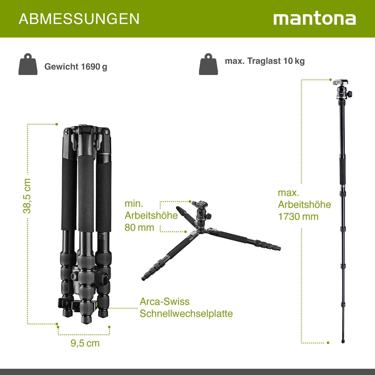 Mantona DSLM Travel Evolution Max 2552-RA Reisestativ 173 cm 10 kg Traglast mit Kugelkopf Arca-Swiss Einbeinfunktion