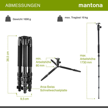 Mantona DSLM Travel Evolution Max 2552-RA Reisestativ 173 cm 10 kg Traglast mit Kugelkopf Arca-Swiss Einbeinfunktion