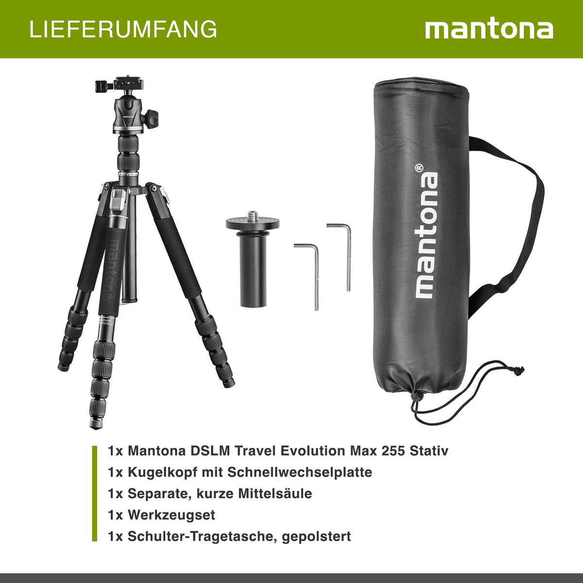 Mantona DSLM Travel Evolution Max 2552-RA Reisestativ 173 cm 10 kg Traglast mit Kugelkopf Arca-Swiss Einbeinfunktion