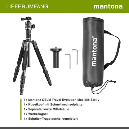 Mantona DSLM Travel Evolution Max 2552-RA Reisestativ 173 cm 10 kg Traglast mit Kugelkopf Arca-Swiss Einbeinfunktion