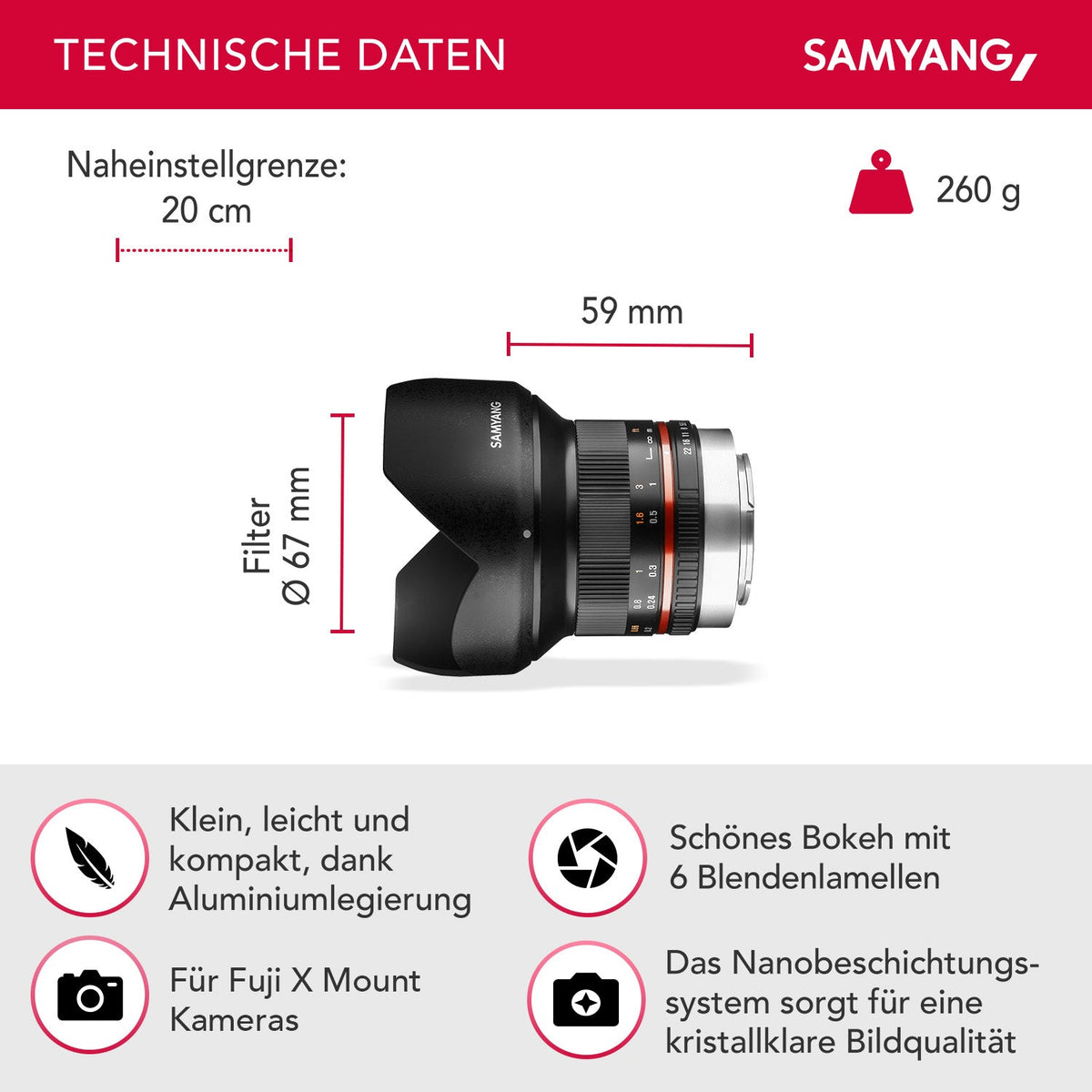 Samyang Weitwinkel Festbrennweite Objektiv 12mm F2.0 APS-C kompatibel mit Fuji X – APS-C, MF – für Kamera X-T5, X-H2, X-H2s, X-T4, X-T30, X-T30 II, X-T200, X-Pro3, X-A7, X-T100, X-T3 – schwarz