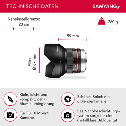Samyang Weitwinkel Festbrennweite Objektiv 12mm F2.0 APS-C kompatibel mit Fuji X – APS-C, MF – für Kamera X-T5, X-H2, X-H2s, X-T4, X-T30, X-T30 II, X-T200, X-Pro3, X-A7, X-T100, X-T3 – schwarz