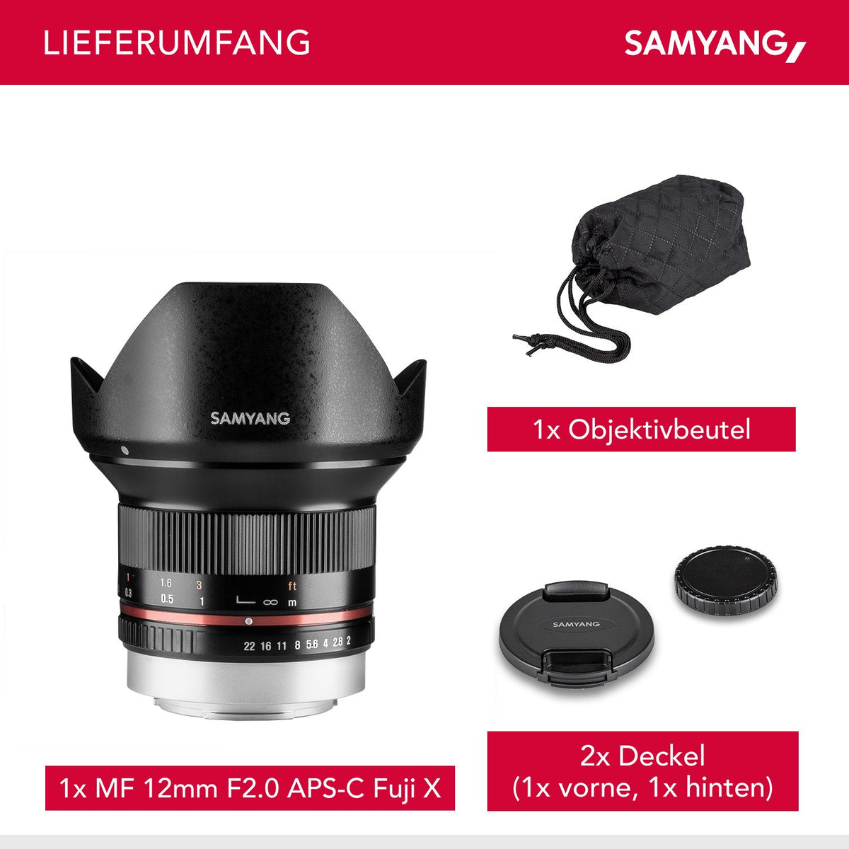 Samyang Weitwinkel Festbrennweite Objektiv 12mm F2.0 APS-C kompatibel mit Fuji X – APS-C, MF – für Kamera X-T5, X-H2, X-H2s, X-T4, X-T30, X-T30 II, X-T200, X-Pro3, X-A7, X-T100, X-T3 – schwarz