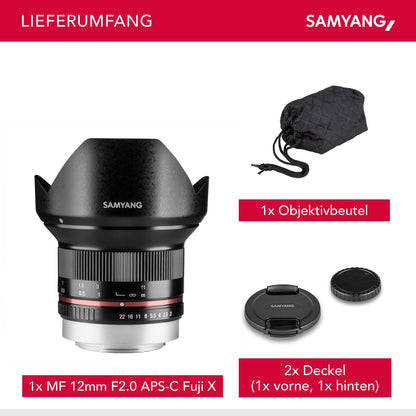 Samyang Weitwinkel Festbrennweite Objektiv 12mm F2.0 APS-C kompatibel mit Fuji X – APS-C, MF – für Kamera X-T5, X-H2, X-H2s, X-T4, X-T30, X-T30 II, X-T200, X-Pro3, X-A7, X-T100, X-T3 – schwarz