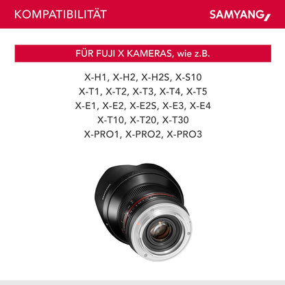 Samyang Weitwinkel Festbrennweite Objektiv 12mm F2.0 APS-C kompatibel mit Fuji X – APS-C, MF – für Kamera X-T5, X-H2, X-H2s, X-T4, X-T30, X-T30 II, X-T200, X-Pro3, X-A7, X-T100, X-T3 – schwarz