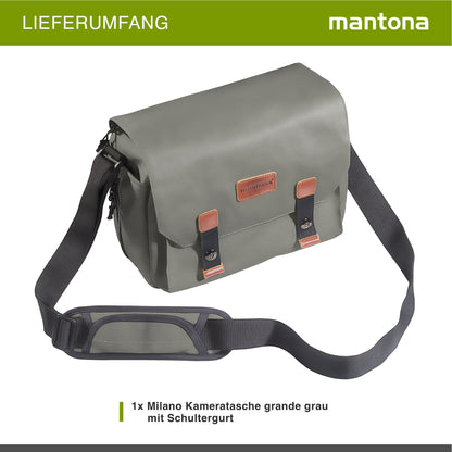 Mantona Kameratasche Milano grande (modische Universaltasche für Digital-Spiegelreflex-Kameras und Systemkameras plus Zubehör, Vintage, graues Interieur) grau 21648